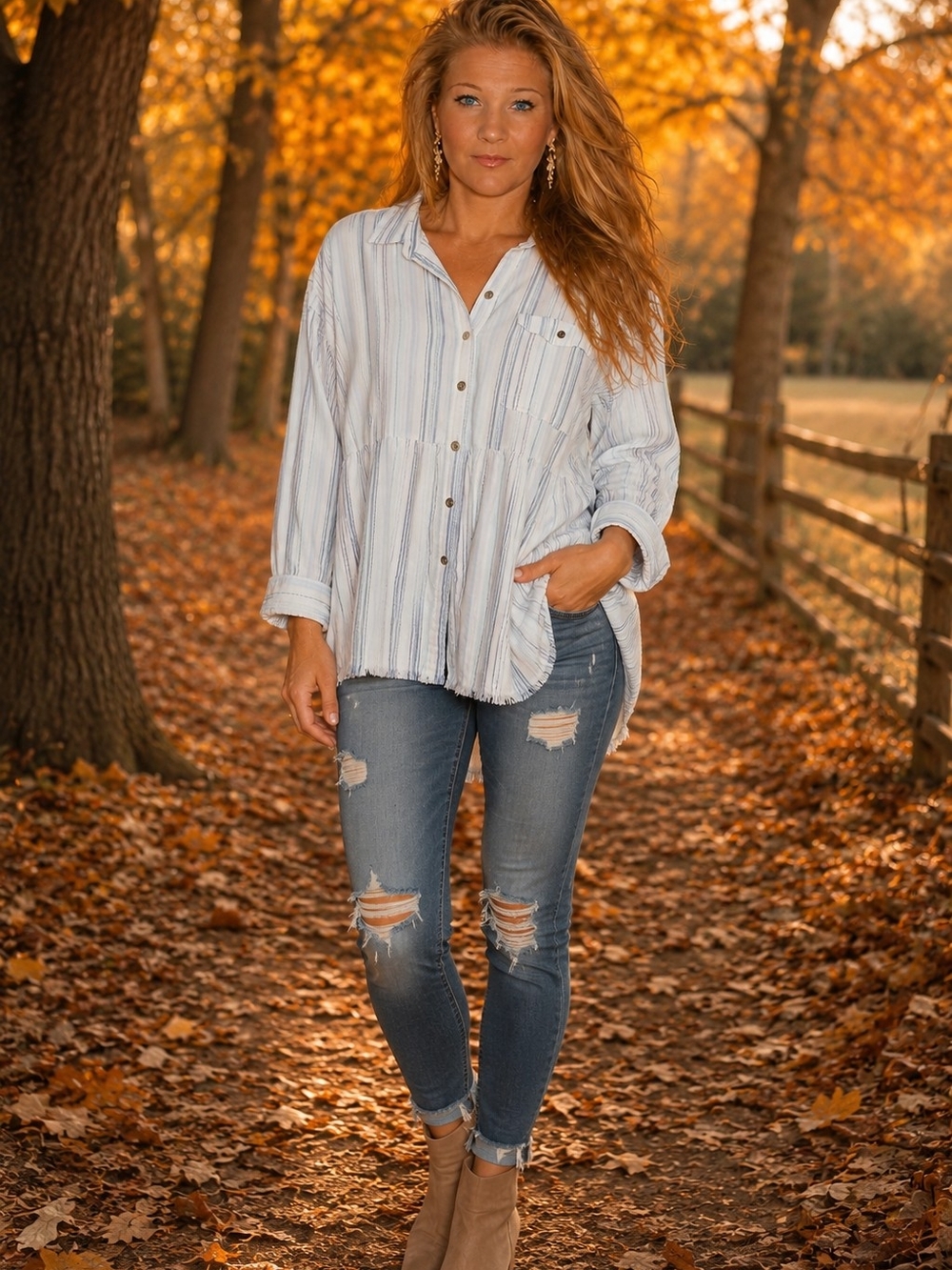 Light Blue Striped Button-Front Women’s Shirt
